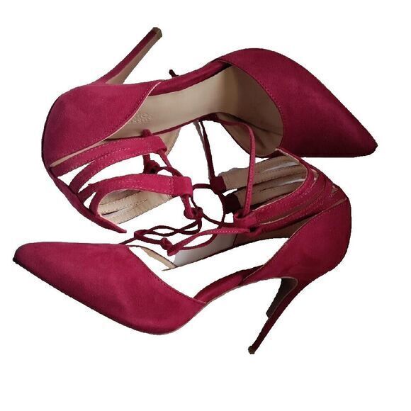 Red Suede Women 7 Tie Up Strap Sandals Heels Sexy Party Work Church Feminine Y2K - Picture 2 of 9